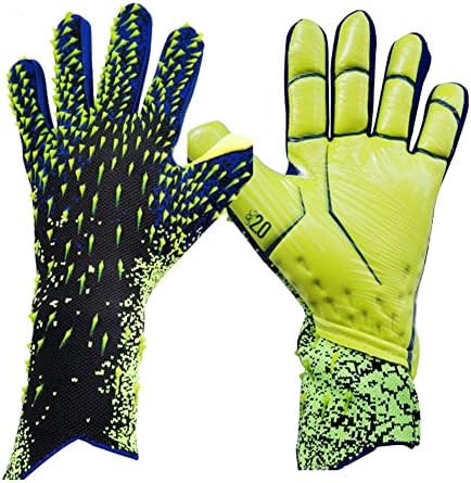 De "De ultieme keepershandschoenen voor topprestaties! ⚽️" in geel en zwart hebben getextureerde spikes op de rug en gladde handpalmen voor uitstekende grip.