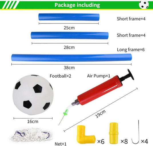 Het pakket voor "Het perfecte kindervoetbaldoel – Plezier en training voor de kleine voetballiefhebbers!" bevat vier 25 cm korte frames, zes 28 cm lange frames, twee voetballen, een luchtpomp, een net, zes elleboogconnectoren en vier haken - ideaal voor het vergroten van het speelvoetbalplezier terwijl kinderen oefenen.