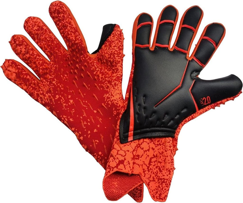 Laad afbeelding in Galerijviewer, Onze premium voetbal keepershandschoenen in rood en zwart bieden een superieure grip en versterkte vingerbescherming tegen een effen achtergrond.
