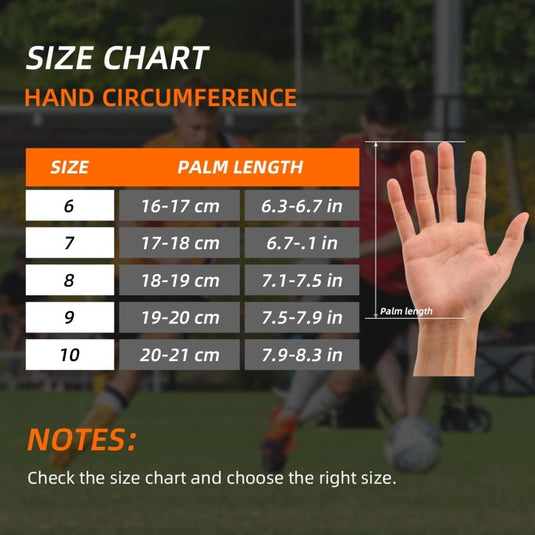 Onze premium voetbal keepershandschoenen zijn verkrijgbaar in de maten 6-10, met details over de handomtrek en palmlengte in cm en inches. Raadpleeg de maattabel om een superieure grip en uitstekend ontwerp te garanderen met onze topklasse handschoenen.