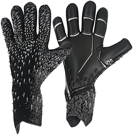 Laad afbeelding in Galerijviewer, Onze premium zwarte voetbal keepershandschoenen bieden superieure controle met een getextureerde grip op vingers en handpalmen, puntig ontwerp voor extra grip en een robuust ontwerp voor comfort tijdens intense wedstrijden.
