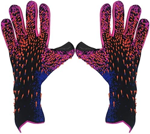 Laad afbeelding in Galerijviewer, Twee handschoenen met zwarte basis en levendige oranje en paarse ontwerpen liggen plat, wat een superieure grip laat zien, perfect voor voetbalkeeper handschoenen. Ontdek controle met ons premium product!.
