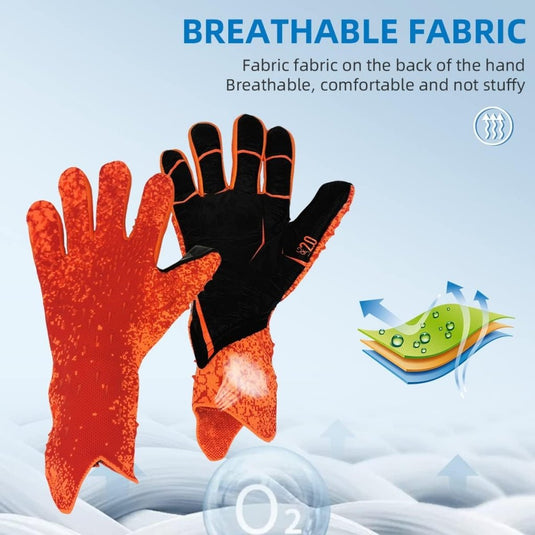 Deze oranje en zwarte handschoenen hebben een gestructureerde blauwe achtergrond met luchtstroomafbeeldingen en een ademend ontwerp. Perfect voor liefhebbers van voetbalhandschoenen, ze geven prioriteit aan comfort en grip. Probeer onze "Blijf altijd in controle met onze premium voetbal keepershandschoenen!.