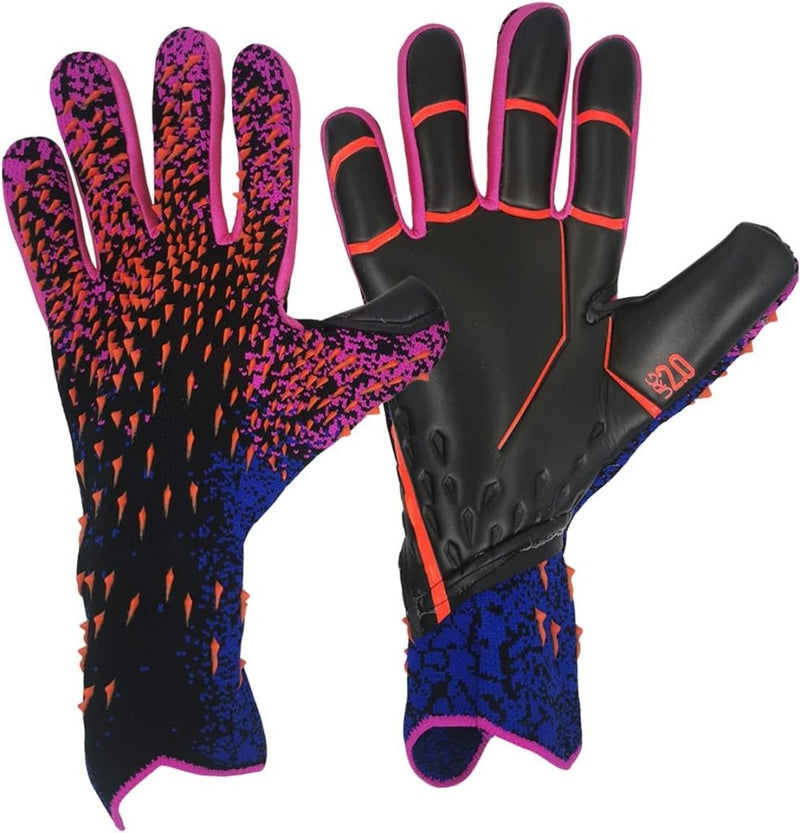 Laad afbeelding in Galerijviewer, Ervaar superieure grip en behendige bewegingen met onze premium keepershandschoenen met een levendig oranje, paars en zwart design. Getextureerde spikes op vingers en handpalmen verbeteren je spel. Houd de controle tijdens intense wedstrijden met een uitstekend ontwerp.
