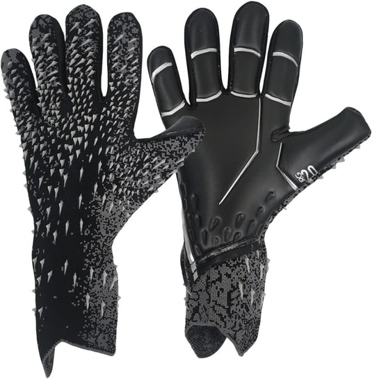 Twee zwarte duikhandschoenen met getextureerde handpalmen, met verhoogde rubberen spikes voor superieure grip en bescherming. Het uitstekende ontwerp zorgt voor comfort tijdens intensief gebruik, vergelijkbaar met onze premium voetbal goalkeeper handschoenen!.