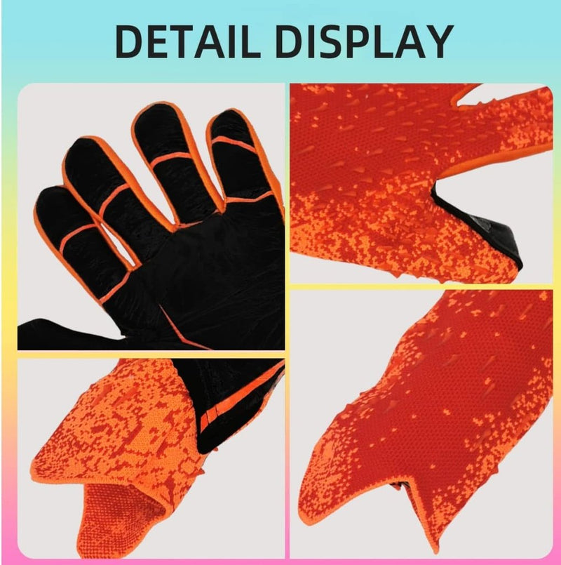 Laad afbeelding in Galerijviewer, Close-up van een oranje en zwarte handschoen met de nadruk op de textuur van de handpalm, duim en vingers voor uitstekende grip en flexibiliteit - perfect voor voetbalkeepershandschoenen met zijn beperkte ontwerp. Ontdek de ideale keuze in &quot;Blijf altijd in controle met onze premium voetbal keepershandschoenen!.
