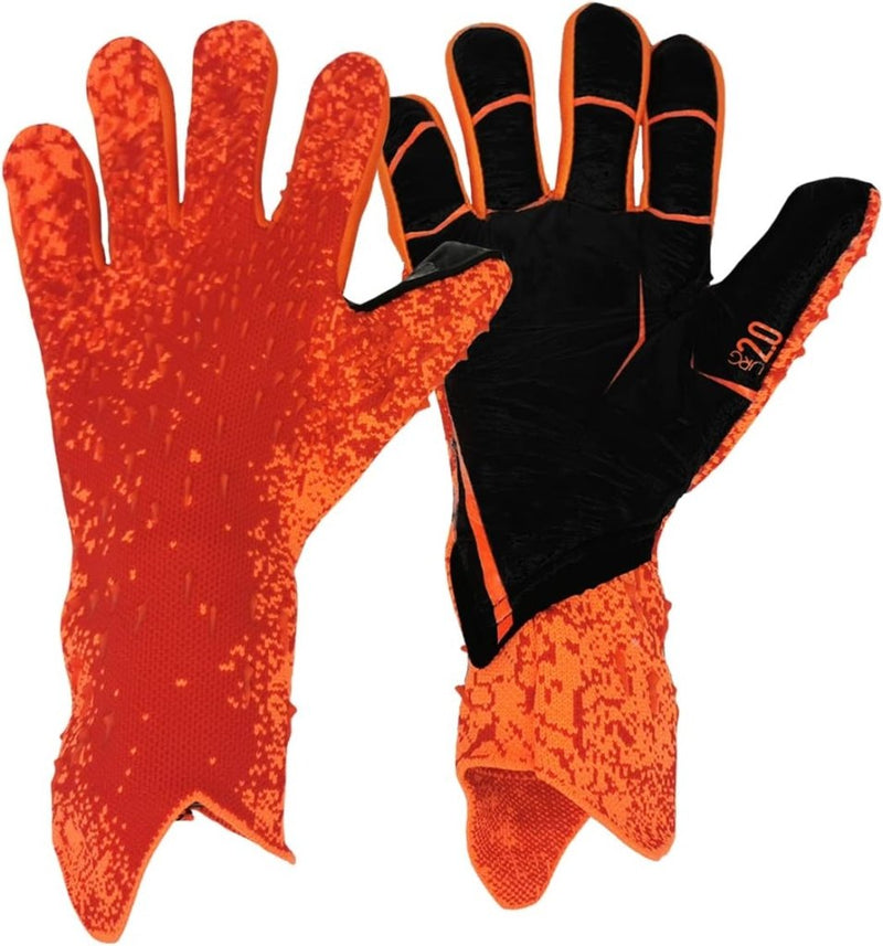 Laad afbeelding in Galerijviewer, Onze premium voetbalkeeperhandschoenen in fel oranje en zwart hebben een gestructureerd oppervlak en een flexibel ontwerp voor superieure grip. Ze zijn voorzien van één handpalm omhoog en één handpalm omlaag.

