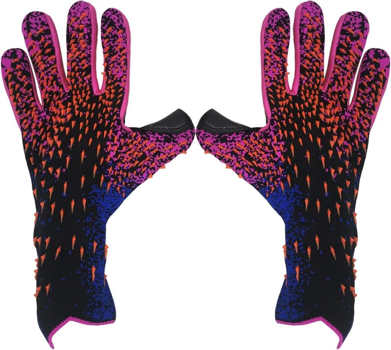 Laad afbeelding in Galerijviewer, Deze felgekleurde handschoenen hebben de handpalm naar boven en een geometrisch structuurpatroon in roze, paars en oranje. Ze beschikken over een krachtig ontwerp voor comfort en een superieure grip die kan wedijveren met de Blijf altijd in controle met onze premium voetbal keepershandschoenen!.
