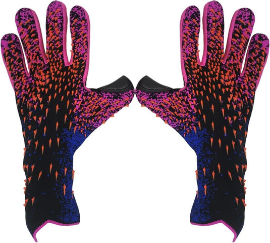 Deze felgekleurde handschoenen hebben de handpalm naar boven en een geometrisch structuurpatroon in roze, paars en oranje. Ze beschikken over een krachtig ontwerp voor comfort en een superieure grip die kan wedijveren met de Blijf altijd in controle met onze premium voetbal keepershandschoenen!.