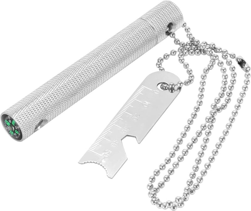 Laad afbeelding in Galerijviewer, De Robuuste vuurstarter voor outdoor avonturen is een zilveren multitool die ideaal is voor avonturen, met een gekarteld handvat, kompas, flesopener, liniaal en een magnesium vuurstaal vuurstarter. Inclusief metalen ketting voor eenvoudige bevestiging aan uitrusting.
