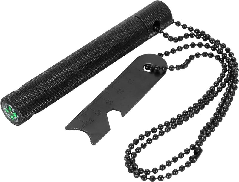 Laad afbeelding in Galerijviewer, De Robuuste vuurstarter voor outdoor avonturen is een zwart zakgereedschap met een kompas, flesopener, liniaal en magnesium vuurstaal aan een zwarte kralenketting: ideaal voor onverwachte uitdagingen.
