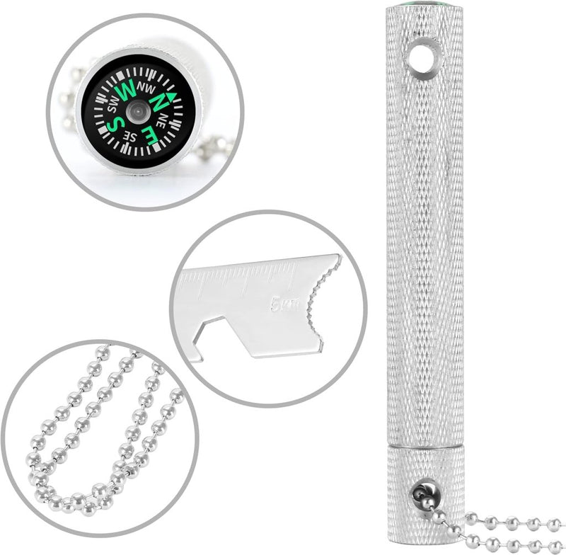Laad afbeelding in Galerijviewer, De Robuuste vuurstarter voor outdoor avonturen is een zilveren sleutelhangertool met kompas, flesopener, handige ketting en magnesium vuurstaal om gemakkelijk vuur te maken - perfect voor elk avontuur.
