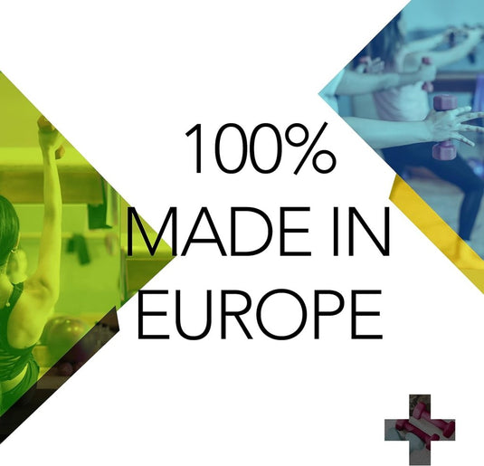 Tekst "100% Made in Europe" overlay op afbeeldingen van mensen die trainen met dumbbells, omgeven door kleurblokken en een plusteken, met onze Europese ontworpen Ontdek de kracht van onze moderne koolstofstalen halters wandhouder.