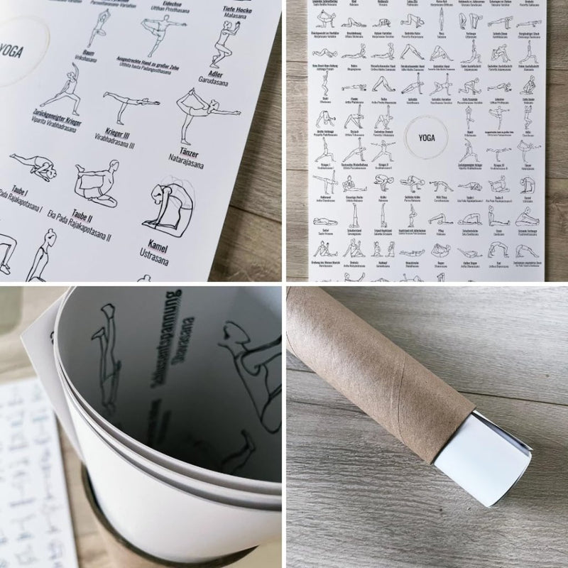 Laad afbeelding in Galerijviewer, Een collage van vier afbeeldingen bevat yogapose-grafieken en de &quot;Ontdek de ultieme A2 yogaposter - Jouw gids naar 76 Asana&#39;s en meer!&quot; opgerold op een houten ondergrond, ideaal voor toegewijde yogaliefhebbers.
