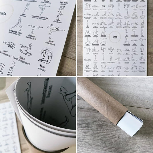 Een collage van vier afbeeldingen bevat yogapose-grafieken en de "Ontdek de ultieme A2 yogaposter - Jouw gids naar 76 Asana's en meer!" opgerold op een houten ondergrond, ideaal voor toegewijde yogaliefhebbers.
