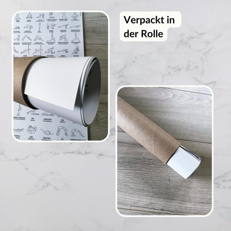 Laad afbeelding in Galerijviewer, De &quot;Ontdek de ultieme A2 yogaposter - Jouw gids naar 76 Asana&#39;s en meer!&quot; wordt gedeeltelijk in een kartonnen koker op een marmeren oppervlak gerold. De Duitse tekst &quot;Verpackt in der Rolle&quot; betekent &quot;Verpakt in de rol&quot;.
