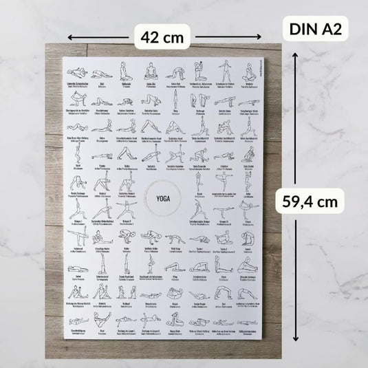 De "Ontdek de ultieme A2 yogaposter - Jouw gids naar 76 Asana's en meer!" wordt weergegeven op een houten oppervlak, met daarop verschillende asana's met labels. Met een afmeting van 42 cm bij 59,4 cm is hij ideaal voor yogaliefhebbers die op zoek zijn naar een informatieve en inspirerende gids.