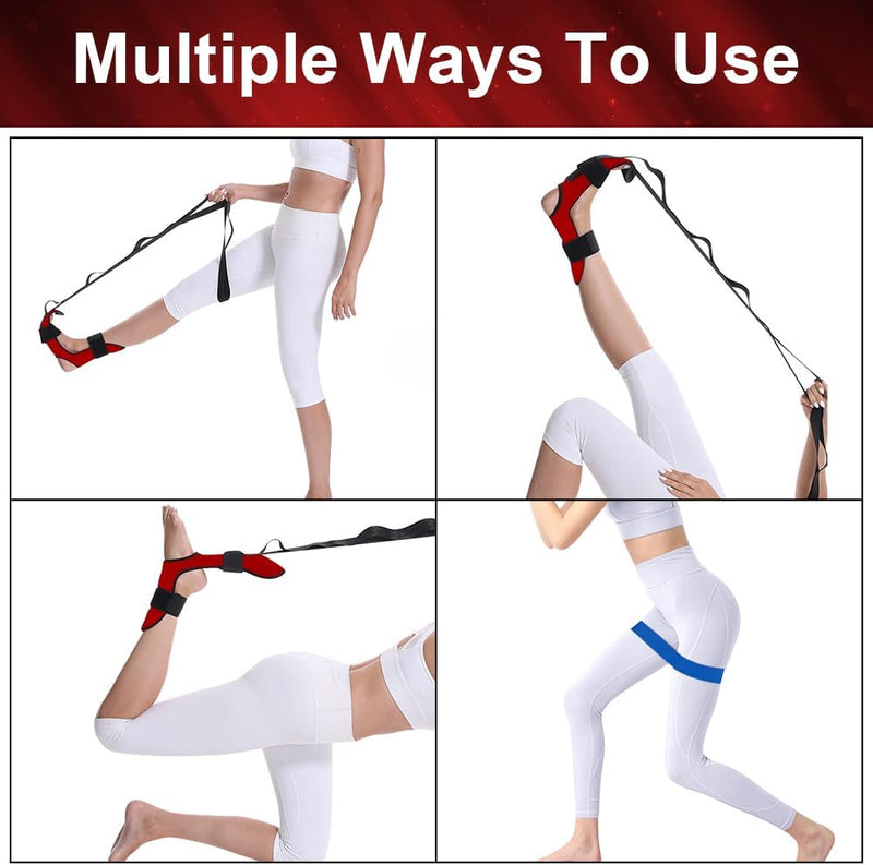 Laad afbeelding in Galerijviewer, Collage van afbeeldingen van een persoon in witte sportkleding die de Transformeer je flexibiliteit met de yoga stretchband gebruikt met de tekst &quot;Multiple Ways to Use&quot;, ter illustratie van verbeterde flexibiliteit en blessurepreventie.
