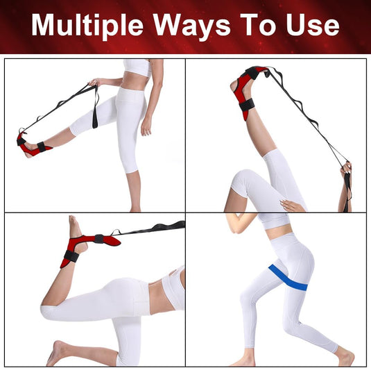 Collage van afbeeldingen van een persoon in witte sportkleding die de Transformeer je flexibiliteit met de yoga stretchband gebruikt met de tekst "Multiple Ways to Use", ter illustratie van verbeterde flexibiliteit en blessurepreventie.