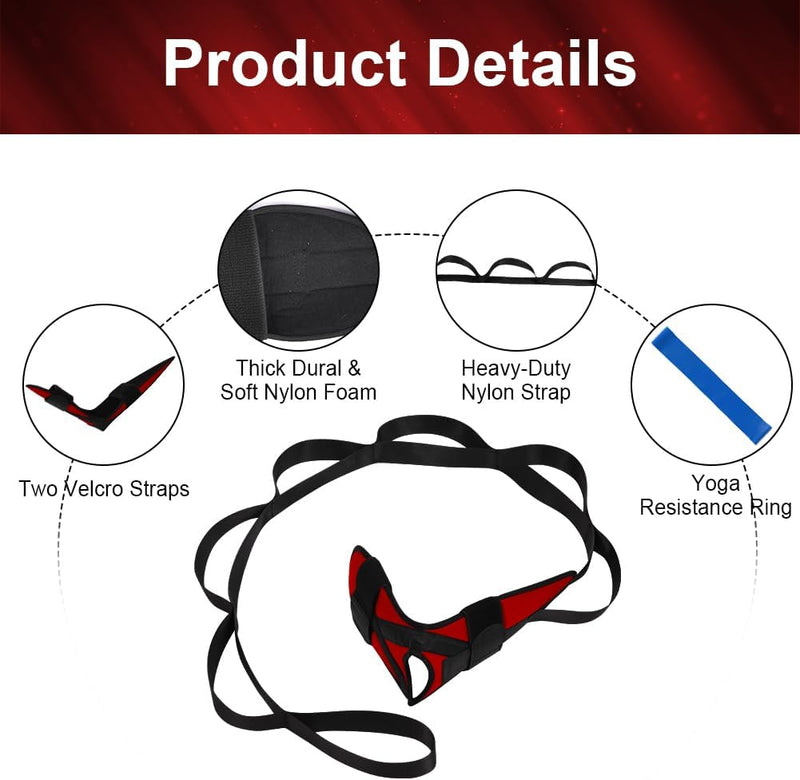 Laad afbeelding in Galerijviewer, De afbeelding toont een productpagina voor &quot;Transformeer je flexibiliteit met de yoga stretchband!&quot; met klittenband, nylon foam en heavy-duty nylon band. Ideaal voor yoga resistance, ontworpen om de flexibiliteit te verbeteren en blessures tijdens trainingen te voorkomen.
