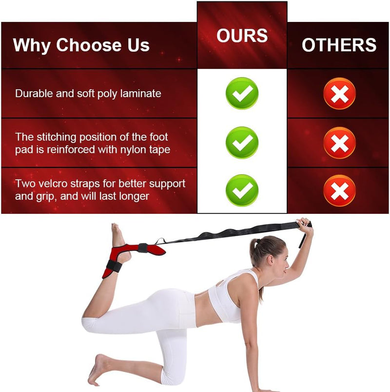 Laad afbeelding in Galerijviewer, Een vrouw verbetert haar flexibiliteit met de Transformeer je flexibiliteit met de yoga stretchband! in een knielende houding. Een vergelijkingstabel hierboven benadrukt de kenmerken: duurzaam polylaminaat, versterkte stiksels en klittenbandriemen, met groene vinkjes voor &quot;Onze&quot; om blessures te voorkomen.
