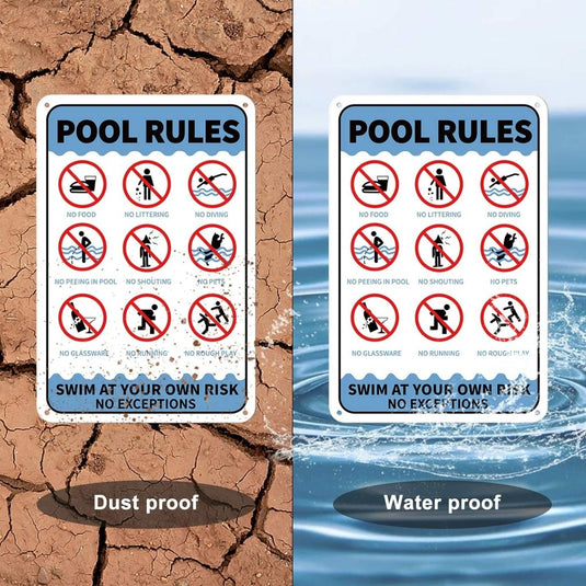 Zij-aan-zij vergelijking van "Blijf veilig bij het zwemmen met duidelijke zwembadregels" op droge, gebarsten aarde met het label "Stofdicht" en in water met het label "Waterdicht". Beide borden zijn gericht op veiligheid, met poolregels met rode doorgestreepte symbolen.