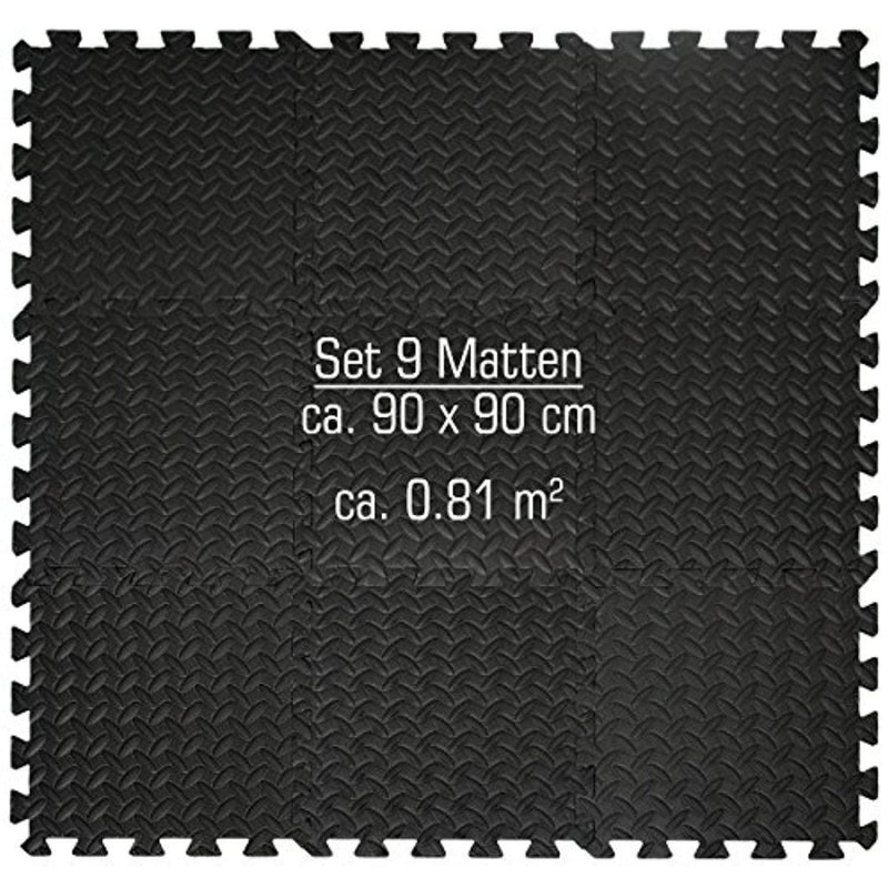 Laad afbeelding in Galerijviewer, Deze negen in elkaar grijpende zwarte vloermatten met een ruitpatroon zijn 90 x 90 cm groot en beslaan ongeveer 0,81 m². Ze zijn ontworpen als &quot;puzzelmatten voor fitnessapparaten&quot; voor duurzaamheid en comfort en zijn gemaakt van EVA-schuim.
