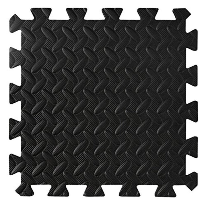 Laad afbeelding in Galerijviewer, Interlock zwarte schuimmat gemaakt van EVA-schuim, met een getextureerd oppervlak en ruitpatroon voor betere grip. Bescherm je vloer tijdens je workout met de beste vloerbeschermings puzzelmatten voor fitnessapparaten!.
