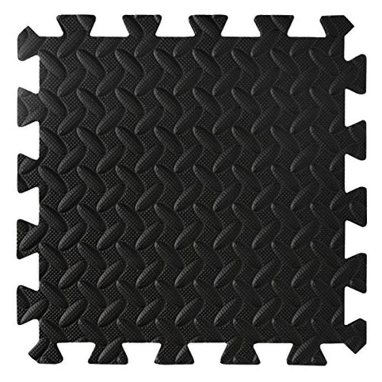 Interlock zwarte schuimmat gemaakt van EVA-schuim, met een getextureerd oppervlak en ruitpatroon voor betere grip. Bescherm je vloer tijdens je workout met de beste vloerbeschermings puzzelmatten voor fitnessapparaten!.