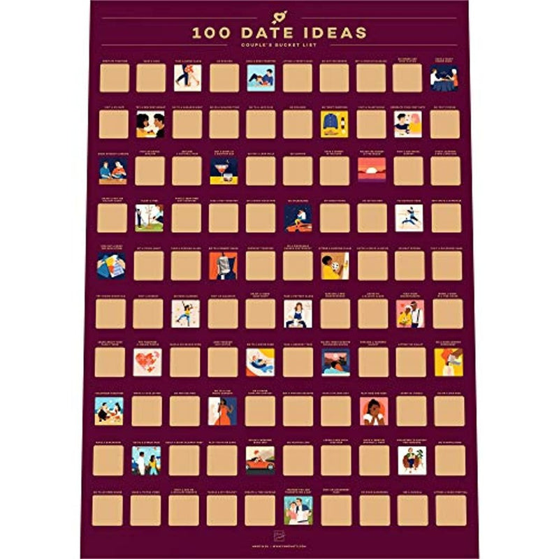 Laad afbeelding in Galerijviewer, Maak kennis met &#39;Ontdek 100 vooraf afspraakjes&#39;, een bordeauxrode krasposter die perfect is als Valentijnscadeau, met blanco vierkantjes en charmante illustraties voor koppels die op zoek zijn naar unieke afspraakideeën om hun bucketlist aan te vullen.
