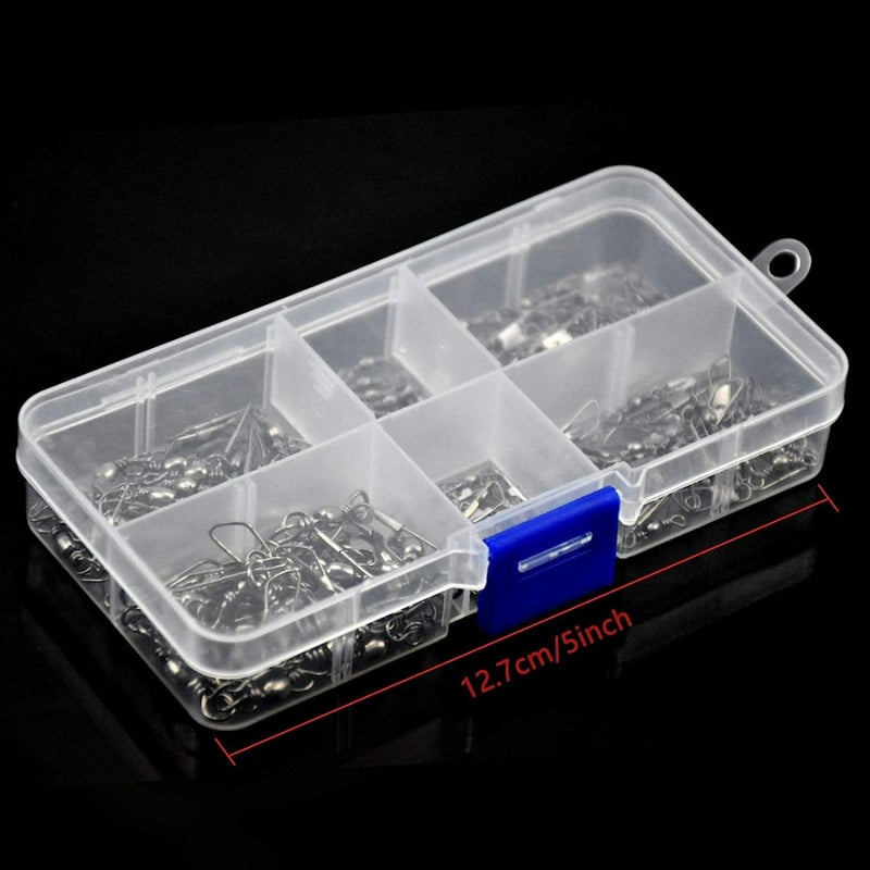 Laad afbeelding in Galerijviewer, De &quot;Upgrade jouw viservaring met hengelwervels met kogellagers&quot; is een plastic organizerbox met een blauwe sluiting, voorzien van kleine metalen visclips in aparte compartimenten van 12,7 cm/5 inch, die zorgen voor soepele rotatie en vaste lijnverdraaiing voor optimaal vissen.
