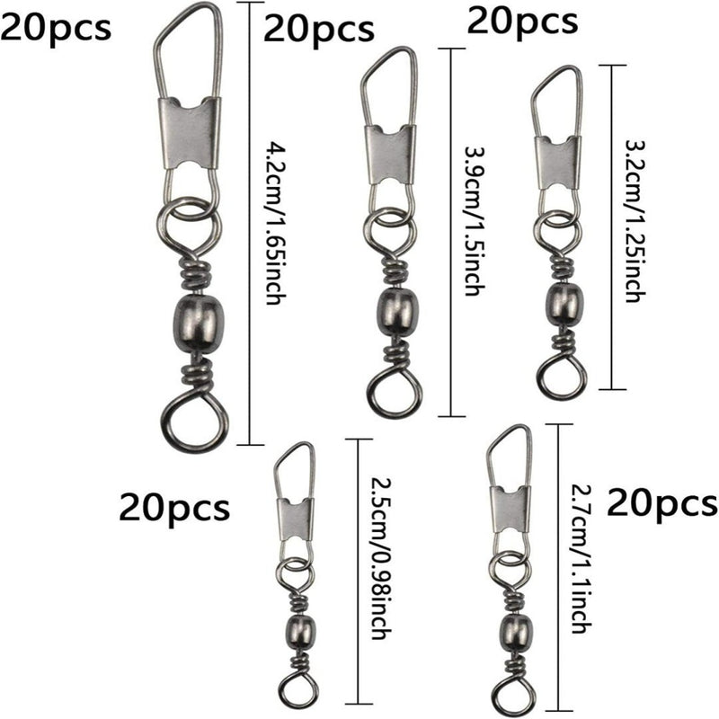 Laad afbeelding in Galerijviewer, Er zijn vijf maten &quot;Upgrade jouw viservaring met hengelwervels met kogellagers&quot; beschikbaar, elk met 20 stuks gelabeld en lengtes: 4,2 cm, 3,9 cm, 3,2 cm, 2,7 cm en 2,5 cm, wat zorgt voor een soepele rotatie voor lineaire lijnverdraaiing tijdens visavonturen.
