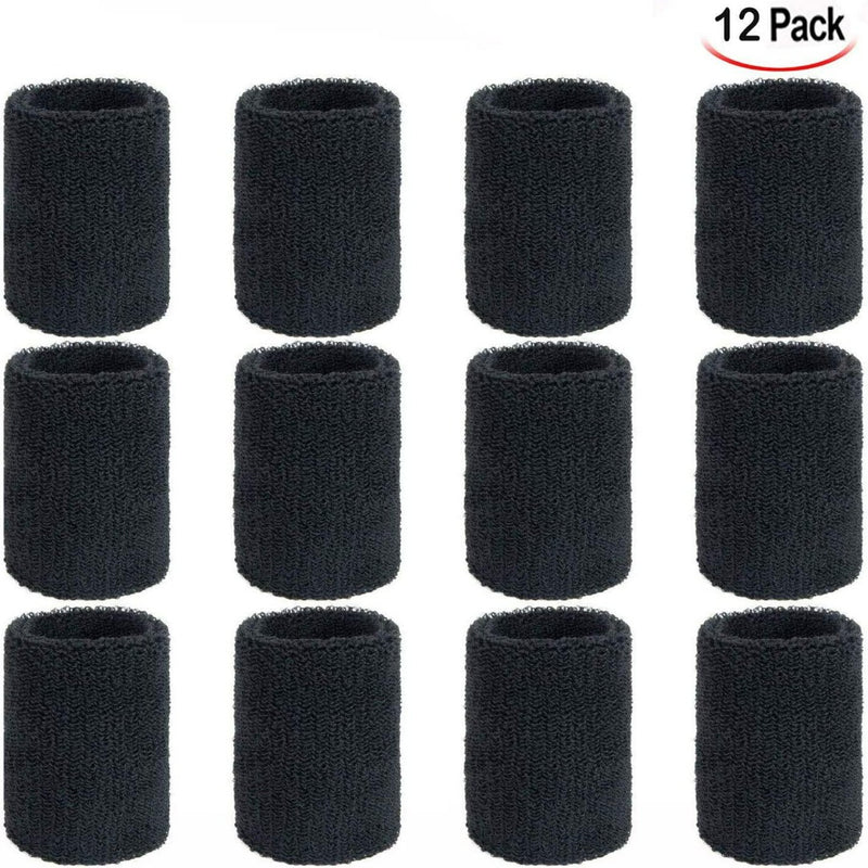 Laad afbeelding in Galerijviewer, Een raster van twaalf zwarte polsbandjes, opgenomen in een 12-pack &quot;Ervaar het ultieme comfort met onze katoenen zweetbanden!&quot;, is ontworpen voor een perfecte pasvorm en hoog absorptievermogen.
