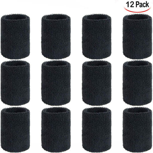 Een raster van twaalf zwarte polsbandjes, opgenomen in een 12-pack "Ervaar het ultieme comfort met onze katoenen zweetbanden!", is ontworpen voor een perfecte pasvorm en hoog absorptievermogen.