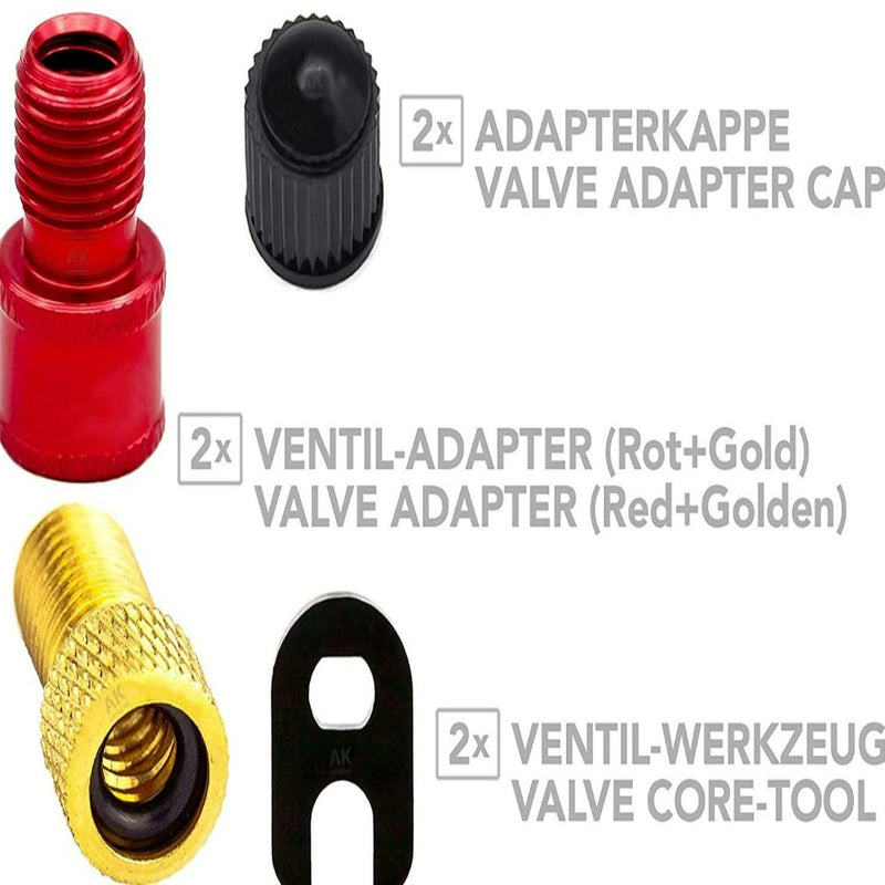 Laad afbeelding in Galerijviewer, De afbeelding toont een Presta ventielvervangingsset met een rode ventieladapter, een zwarte ventieladapterdop, een gouden ventieladapter en een zwart ventielkerngereedschap. Etiketten in het Duits en Engels geven hoeveelheden en beschrijvingen aan - perfect voor het repareren van fietsbanden met hoogwaardige materialen.

