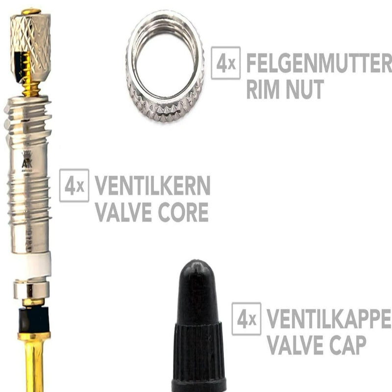 Laad afbeelding in Galerijviewer, De &quot;Presta ventiel vervangingsset: Repareer je fietsbanden in een handomdraai&quot; omvat vier velgmoeren, ventielkernen en doppen gemaakt van hoogwaardige materialen, gelabeld in het Duits en Engels voor bandenonderhoud.
