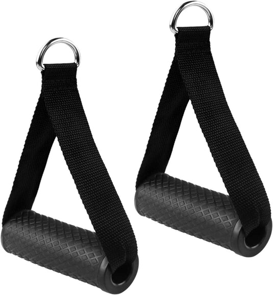 Het "Ontdek de ultieme weerstandsbanden voor maximale kracht en comfort" biedt twee zwarte gymhandvatten met comfortabele, getextureerde handgrepen en metalen ringen op nylon banden, ideaal voor handgrepen voor fitnessapparatuur als weerstandsbanden.