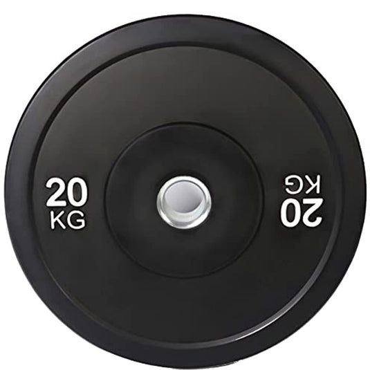 Een zwarte "20 KG" halterschijf met een zilverkleurig middengat, gemaakt van duurzaam rubber voor een veilige grip. Product: Verbeter je fitnessprestaties met de olympische bumperplates.