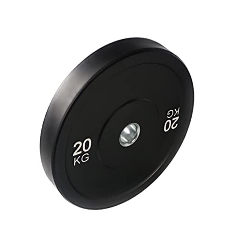 Laad afbeelding in Galerijviewer, De &quot;Verbeter je fitnessprestaties met de olympische bumper plates&quot; bestaat uit een zwarte halterschijf van 20 kg gemaakt van duurzaam rubber, met witte letters en een centraal gat voor een halter.
