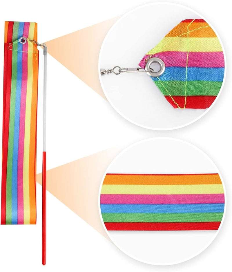 Laad afbeelding in Galerijviewer, Afbeelding van een regenboogkleurige windzak, stevig vastgeklemd aan een witte en rode stok, elegant zwaaiend in ritme. Product: &quot;2m sprankelende danslinten voor kinderen: maak je dansprestaties onvergetelijk.
