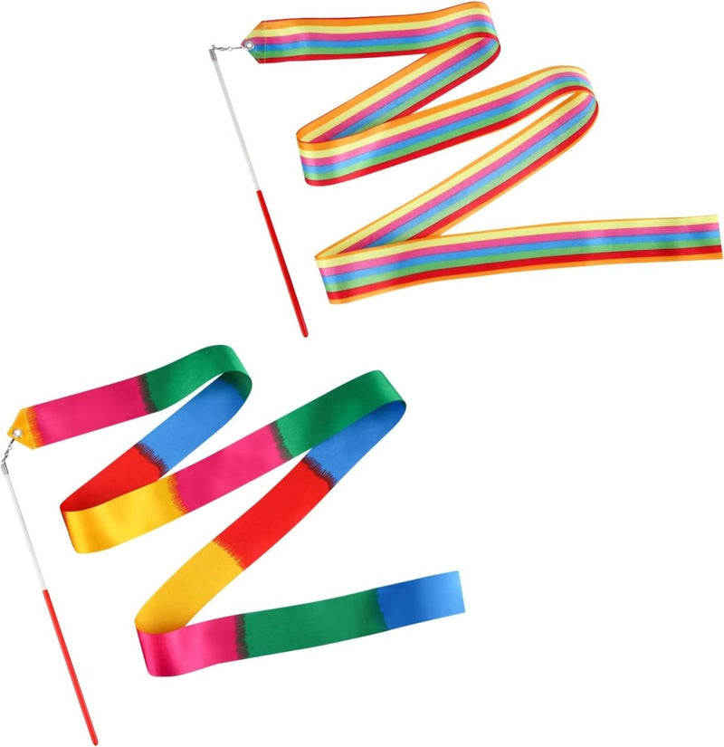 Laad afbeelding in Galerijviewer, Twee ritmische gymnastieklinten met witte handvatten zijn voorzien van regenboogstrepen en rode, groene, blauwe en gele tinten in zigzagpatronen. Deze &quot;2m sprankelende danslinten voor kinderen&quot; voegen levendige ritmische bewegingen toe aan elk optreden.
