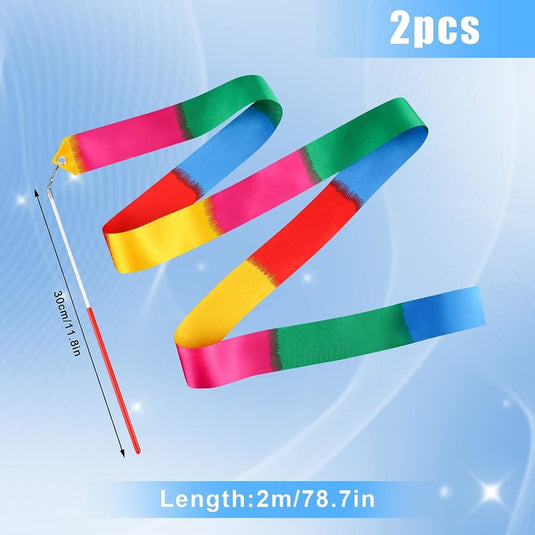 Twee ritmisch bewegende, sprankelende danslinten van 2m zonder een 18-inch markering met "2pcs" tegen een blauwe achtergrond.