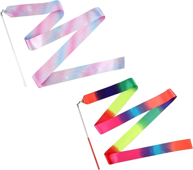 Laad afbeelding in Galerijviewer, De 2 meter lange, sprankelende danslinten voor kinderen geven kleur aan de voorstellingen met een bovenste lint in de kleuren roze, paars en blauw en een onderste in de kleuren groen, geel en oranje. Ze zijn allemaal bevestigd aan glazenvezelstokjes voor sierlijke, ritmische bewegingen.
