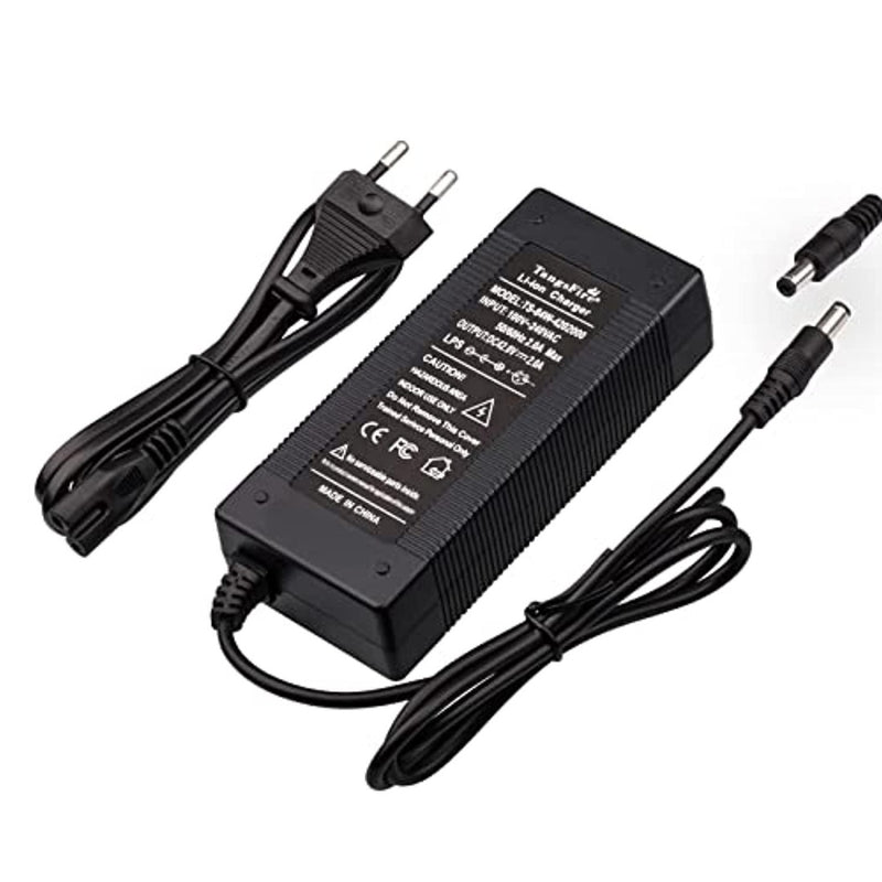 Laad afbeelding in Galerijviewer, De &quot;Ontdek de vrijheid van onbeperkte fietsplezier&quot; is een zwarte AC/DC-stroomadapter met een tweepolige stekker en barrelconnector, die universele compatibiliteit biedt. Specificaties en veiligheidspictogrammen zijn op het oppervlak afgedrukt voor probleemloos gebruik met verschillende apparaten.
