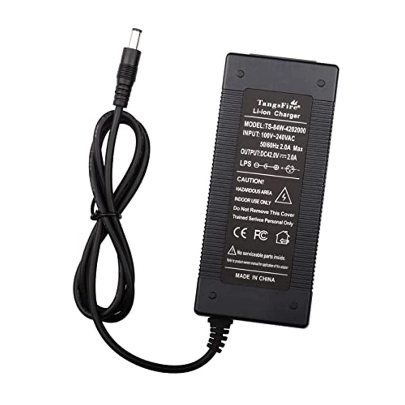 Laad afbeelding in Galerijviewer, De &quot;Ultieme elektrische fiets oplader&quot; is een rechthoekige zwarte stroomadapter met snoer en stekker, perfect voor snel opladen. Hij heeft een ingang van 100-240V AC en een uitgang van 42V DC, 2A max. Veiligheidswaarschuwingen en certificeringen zijn inbegrepen. Gemaakt in China met internationale compatibiliteit.
