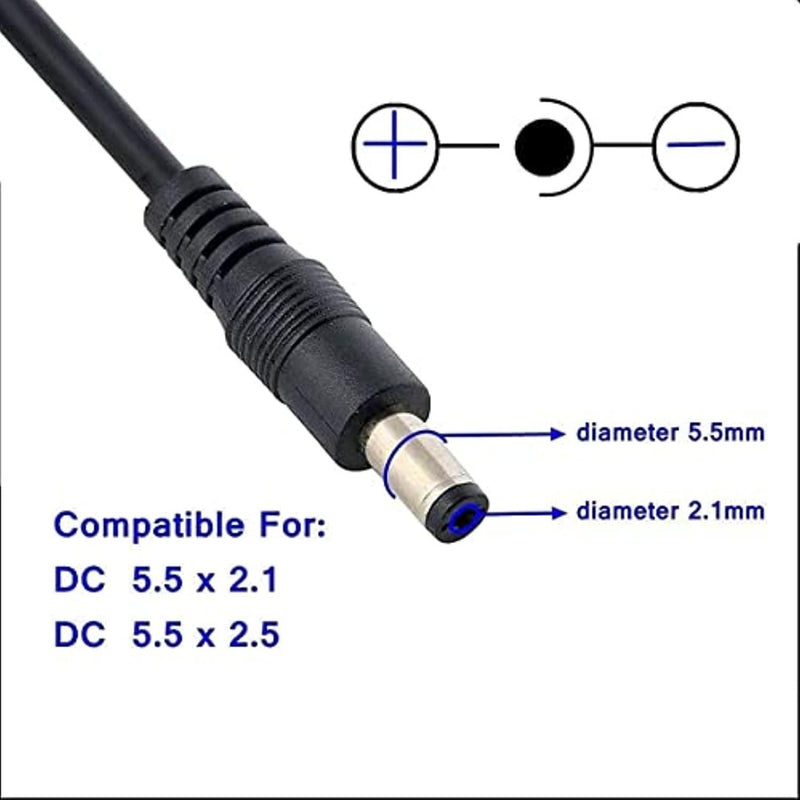 Laad afbeelding in Galerijviewer, Close-up van een zwarte DC-stekker met een buitendiameter van 5,5 mm en een binnendiameter van 2,1 mm of 2,5 mm, met de nadruk op universele compatibiliteit en het polariteitssymbool. De tekst luidt: &quot;Compatibel voor: DC 5,5 x 2,1, DC 5,5 x 2,5&quot;—ideaal voor de ultieme elektrische fietsoplader van Ontdek de vrijheid van onbeperkt fietsplezier.

