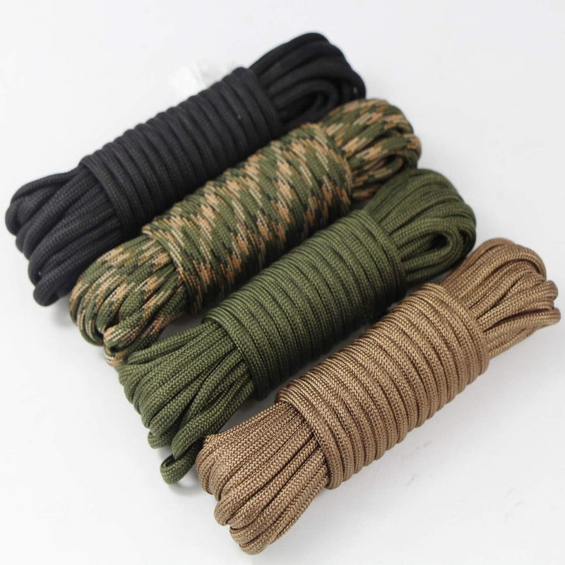 Laad afbeelding in Galerijviewer, Vier netjes opgerolde bundels &quot;Haal het beste uit elke reis met ons duurzaam paracord van 6 meter&quot; in zwart, camo, olijfgroen en bruin worden weergegeven op een witte achtergrond.
