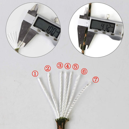 Digitale schuifmaat meet de diameter van duurzame paracord-strengen, gelabeld met 1-7, met afmetingen van 1,00 mm en 4,12 mm in ronde inzetstukken voor "Haal het beste uit elke reis met ons duurzaam paracord van 6 meter.