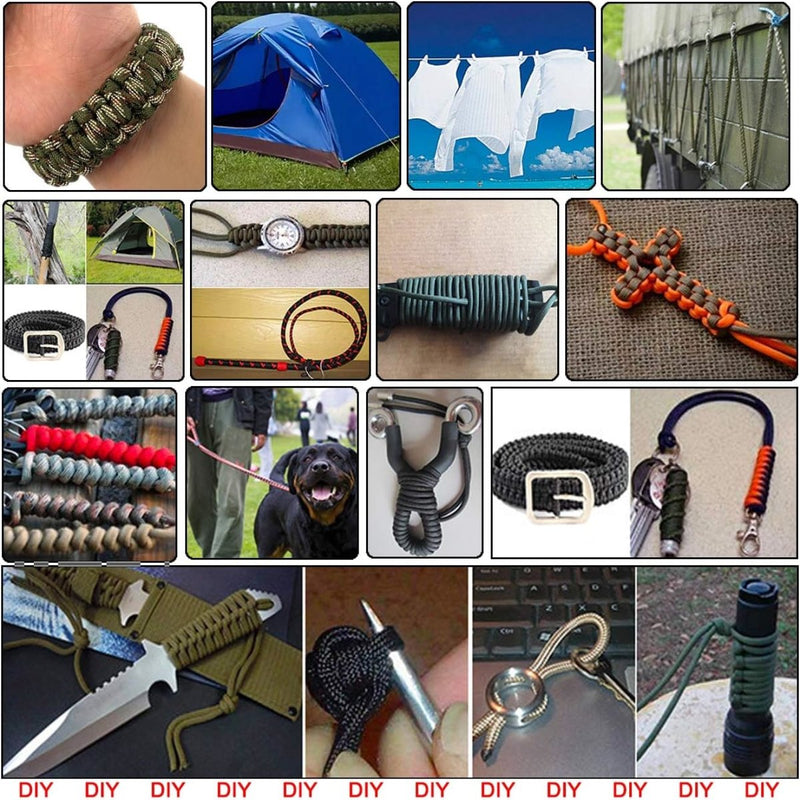 Laad afbeelding in Galerijviewer, Collage met de nadruk op &#39;Haal het beste uit elke reis met ons duurzaam paracord van 6 meter&#39;, met doe-het-zelf-projecten zoals armbanden, horloges, messenhandvatten, hondenriemen, waslijnen, tenten en decoratieve knopen.
