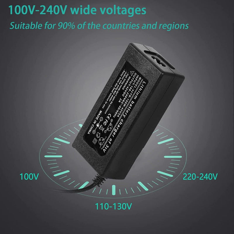 Laad afbeelding in Galerijviewer, Afbeelding van een universele voedingsadapter met 100V-240V-compatibiliteit, geschikt voor wereldwijd gebruik. Etiketten geven spanningsbereiken weer: 100 V, 110-130 V en 220-240 V. Ervaar een veilige laadervaring met dit supersnel oplaadapparaat: Laad je elektrische scooter snel en efficiënt op met onze 36V netadapter!.

